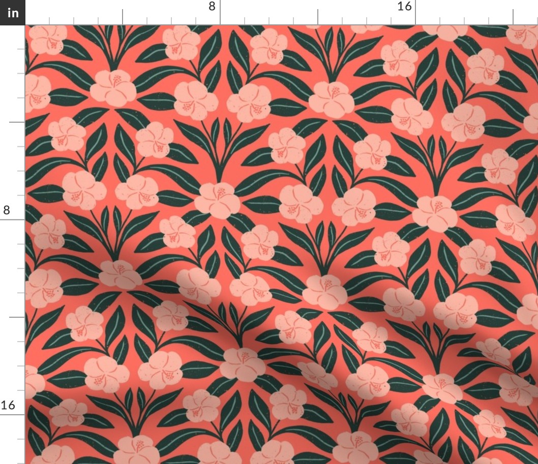 Jungle Flowers on Sunset Red  | Large Version | Bohemian Style Pattern in Red and Green