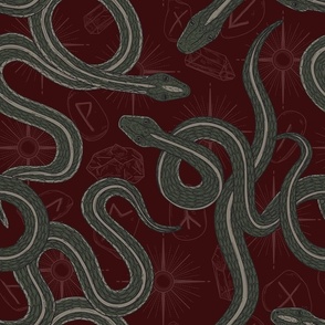 Coiled Snakes on Spooky Fortune Telling Background in Deep Crimson Red