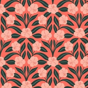 Jungle Flowers on Sunset Red  | Medium Version | Bohemian Style Pattern in Red and Green