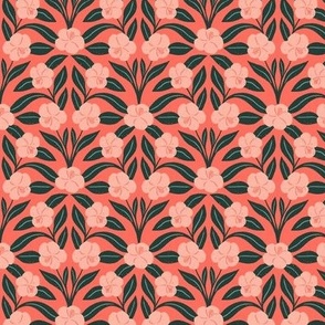 Jungle Flowers on Sunset Red  | Small Version | Bohemian Style Pattern in Red and Green
