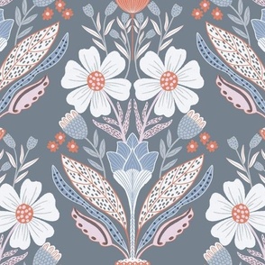 Hand Drawn Folk Floral in Lilac Blues and pink with Pops of Orange
