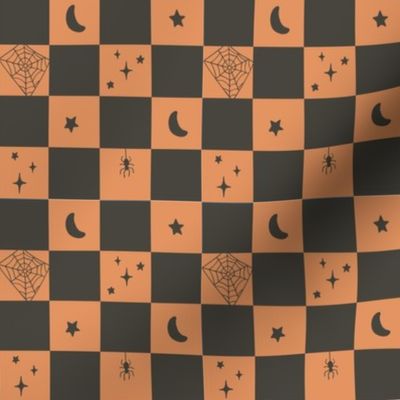 black & orange checkers with spiders & stars| playful retro checkered geometric fall Halloween print