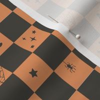 black & orange checkers with spiders & stars| playful retro checkered geometric fall Halloween print