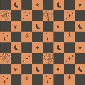 black & orange checkers with spiders & stars| playful retro checkered geometric fall Halloween print