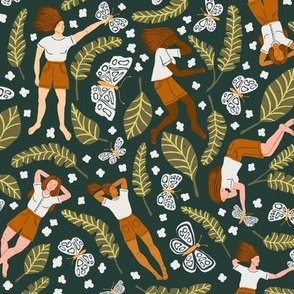 Jungle Girls and Moths in Midnight Green | Large Version | Bohemian Style Pattern with Blue Flowers and Green Leaves