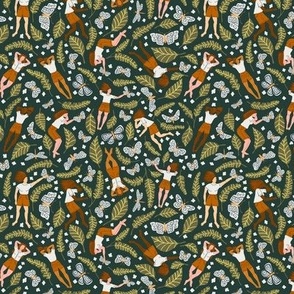 Jungle Girls and Moths in Midnight Green | Small Version | Bohemian Style Pattern with Blue Flowers and Green Leaves