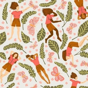 Jungle Girls and Moths in Paradise Pink | Large Version | Bohemian Style Pattern with Pink Flowers and Green Leaves 