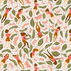 Jungle Girls and Moths in Paradise Pink | Medium Version | Bohemian Style Pattern with Pink Flowers and Green Leaves 