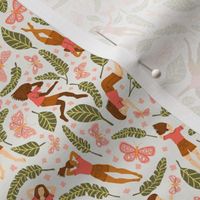 Jungle Girls and Moths in Paradise Pink | Small Version | Bohemian Style Pattern with Pink Flowers and Green Leaves 
