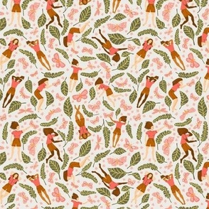 Jungle Girls and Moths in Paradise Pink | Small Version | Bohemian Style Pattern with Pink Flowers and Green Leaves 