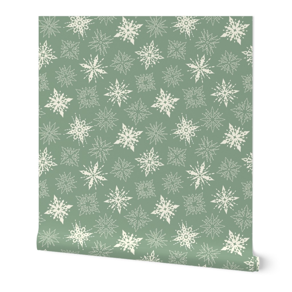 (M) Pastel Snowflakes REtro Christmas Sage Green and Cream 