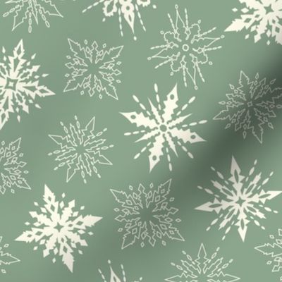 (M) Pastel Snowflakes REtro Christmas Sage Green and Cream 