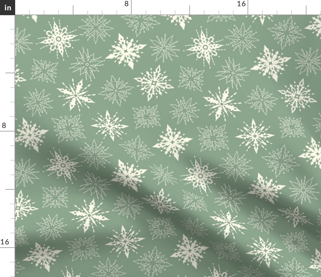 (M) Pastel Snowflakes REtro Christmas Sage Green and Cream 