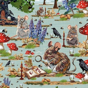 Cottagecore Woodland Creatures Cottage Mice, Bumble Bees, Black Birds, Crystal Balls and Lupin Flowers on Blue Gray