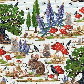 Whimsical Woodland Cottage Pattern, Cute Mice, Bumble Bees, Black Birds, Crystal Balls and Lupin Flowers