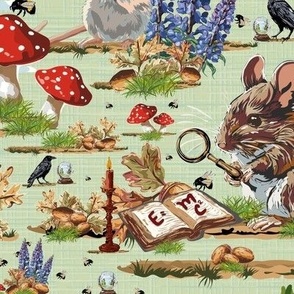 Whimsical Academia Woodland Wonderland, Cute Mice, Bumble Bees, Black Birds, Crystal Balls and Lupin Flowers