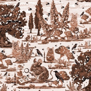 Whimsical Academia Woodland Toile de Jouy, Mouse Teacher, Bumble Bees, Black Birds, Crystal Balls and Lupin Flowers
