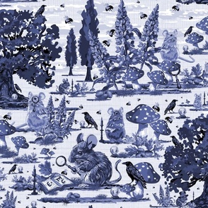 Forest Floor Toile de Jouy, Mice, Bumble Bees, Black Birds, Crystal Balls and Lupin Flowers, Whimsical Woodland Academia Mouse Teacher and Friends on Blue