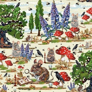 Magical Woodland Whimsy Forest Floor, Mice, Bumble Bees, Flowers, Black Birds, Crystal Balls and Lupin Flowers, Whimsical Mouse Tale and Friends on Yellow