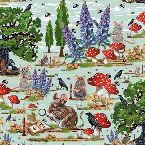 Playful Quirky Whimsy Countryside Mice, Bumble Bees, Black Birds, Crystal Balls and Lupin Flowers, Fun Whimsical Mouse Tale and Friends, Cute Red White Spotted Mushroom Toadstools, Magical Woodland Story, Oak Tree Forest, Black Bird Crows, Old Books