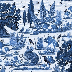 Playful Whimsical Woodland Countryside Mice Toile, Bumble Bees, Black Birds, Crystal Balls and Lupin Flowers, Fun Whimsical Mouse Tale and Friends Blue and White (Large Scale)