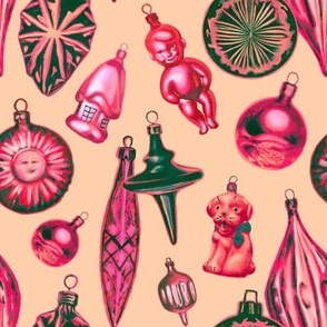 Vintage Christmas ornaments in pink, red, and green