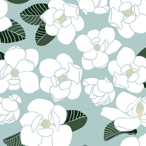 large - white magnolia blooms on light blue