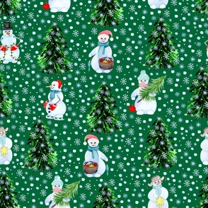 Watercolour snowman, snowflakes, Christmas tree, green background. Seamless floral pattern-279.