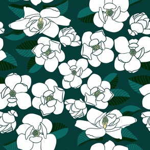 medium - white magnolia blooms on emerald green