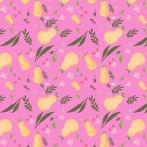 Tropical Pears, Leaves and Florals-Yellow, Bright Fuchisa, Hot Pink, Olive, Botanicals- Watercolor