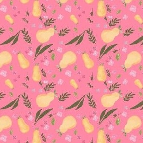 Tropical Pears, Leaves and Florals on Bright coral pink,Olive, Botanicals- Watercolor