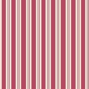 Plain Berry Pink Stripes on Bone, Vanilla, Cream- Striped- Wallpaper- Fabric