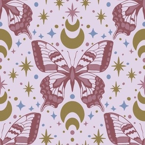 Hand-Drawn Swallowtail Butterflies with Moons and Stars in Dusty Maroon_Large
