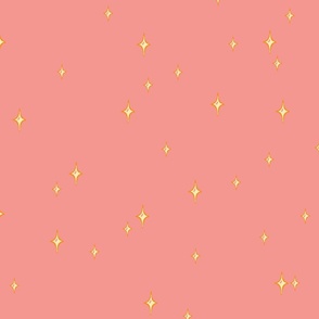 Scattered Stars - Hand-drawn celestial diamonds - Yellow Stars on Coral Pink Sky