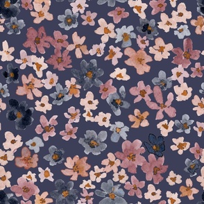 Jumbo - Whimsy Loose Ditsy Watercolour Florals - Navy