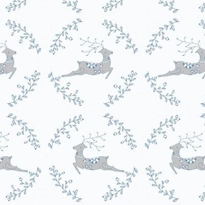 Jumping Reindeer. Poinsettia & Christmas berries. Blue and grey. Boho.