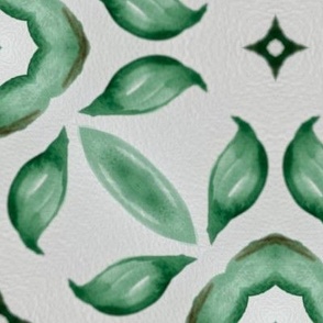 Medium large scale leaf green watercolour symmetrical tile , with foliage creating whimsical shapes and movement.  For wallpaper, home décor, table linen, sheets, cot sheets, nature baby products.