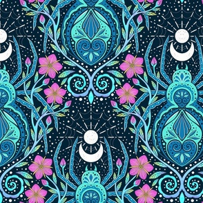 Whimsical spider garden - cyan, blue and pink - motifs - wallpaper - floral