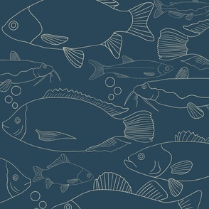 line style lake fish - beige on blue