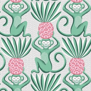 monkeys and pineapples / green and pink on grey