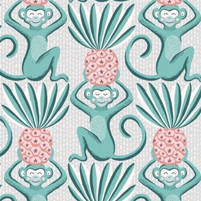 monkeys and pineapples / teal green and peach on grey