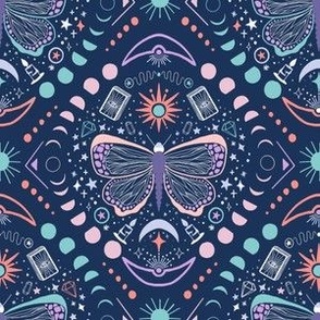 Everything is connected // celestial gothic wallpaper - sun, moon/lunar phases, butterfly, star elements - multi-colour pastels | witch craft