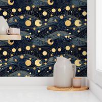 gustav klimt inspired starry night with a crescent moon