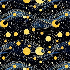 gustav klimt inspired starry night with a crescent moon