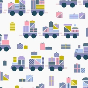 Wood block train with Christmas gifts - blue, pink and yellow on white background