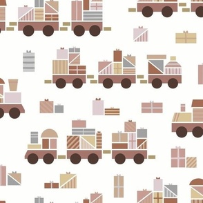 Wood block train with Christmas gifts - brown and taupe on white background