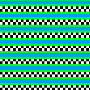 checkerboard stripe black white and neon green on bright blue