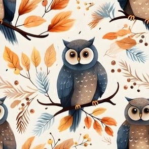 Owls on Branches Off White