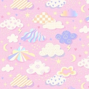 (S) groovy patterned pastel weather clouds moons in pink