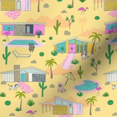 (S) palm springs dogs and mid century houses summer fun yellow SMALL